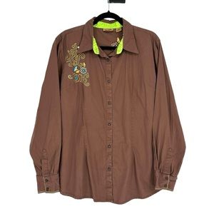 Wrangler Womens Embroidered Pearl Snap Long Sleeve Shirt Size XXL Brown Floral